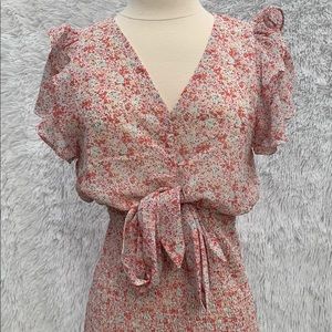 New- Pink Floral Short Sleeve Bodycon Mini Dress ruffle sleeves